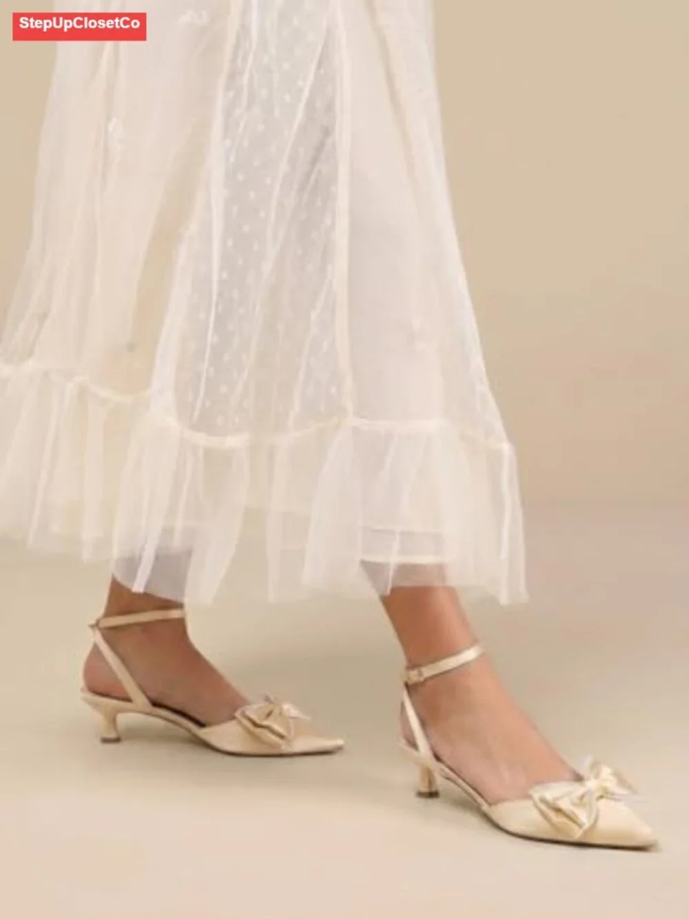 Women's Satin Kitten Heels Bow Pearl Closed Toe Pointed Pumps Wedding Shoes